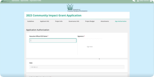 Online grant application form with fields and green header.